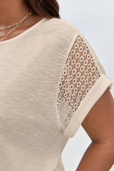 Parchment Lace Patchwork Short Sleeve Round Neck Plus Size Summer Top Plus Size JT's Designer Fashion