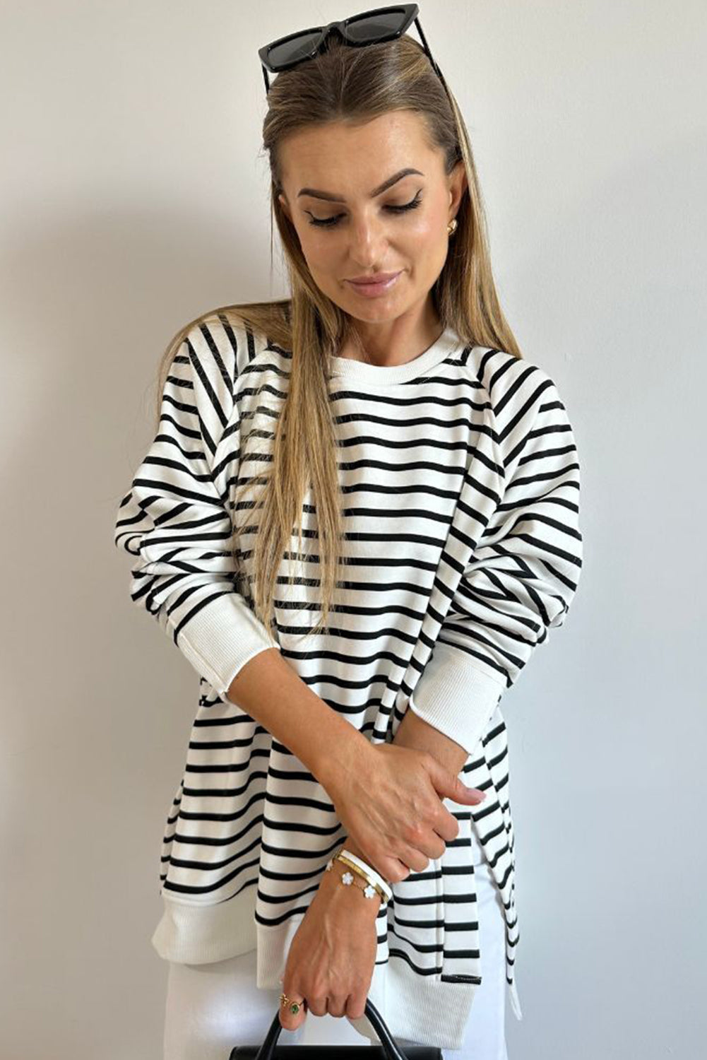 Black Stripe Raglan Sleeve Side Slits Loose Sweatshirt Sweatshirts & Hoodies JT's Designer Fashion