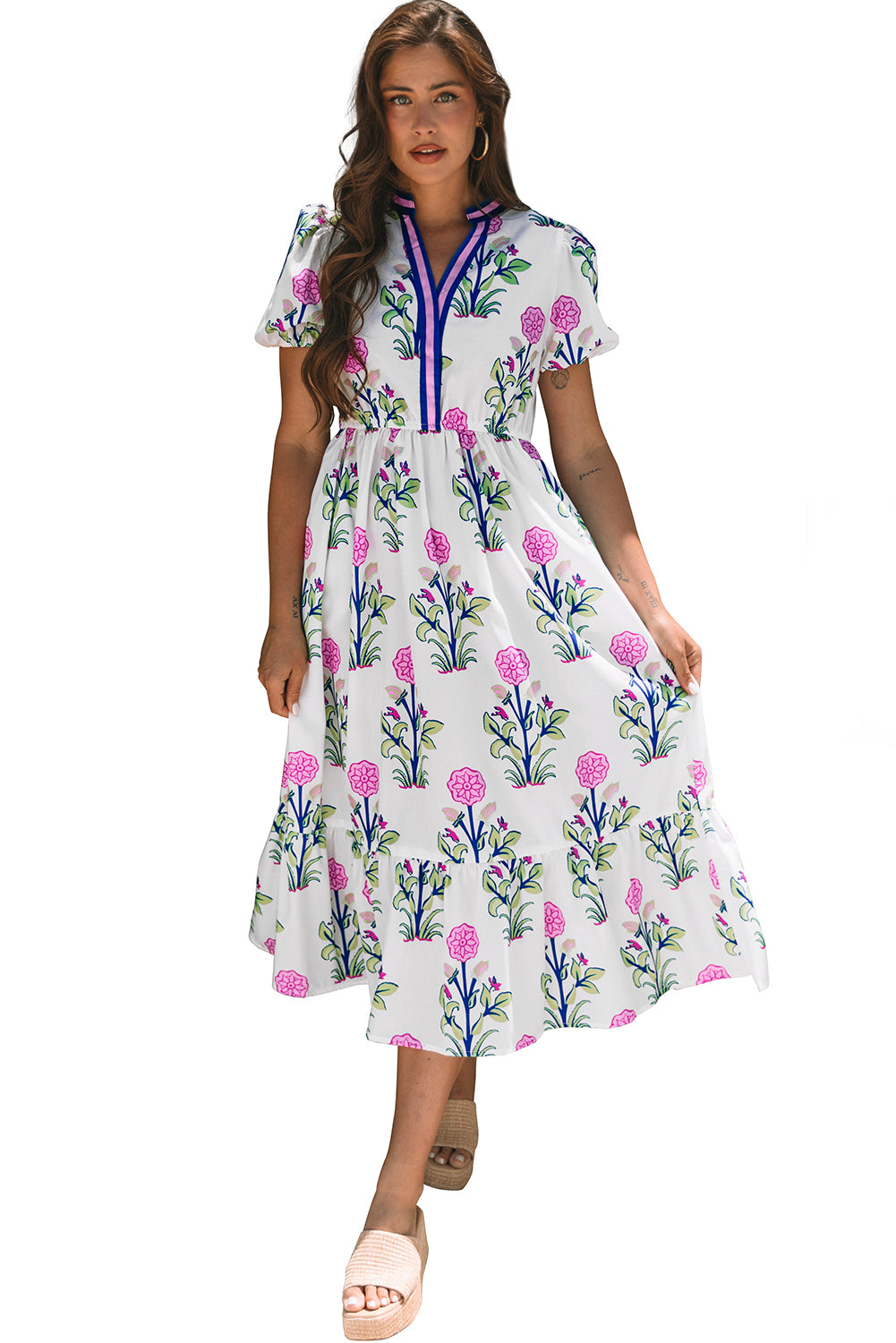 White Floral Puff Short Sleeve V Neck High Waist Maxi Dress Floral Dresses JT's Designer Fashion