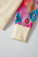 Apricot Geometric Printed Patchwork Long Sleeve Round Neck Top Long Sleeve Tops JT's Designer Fashion