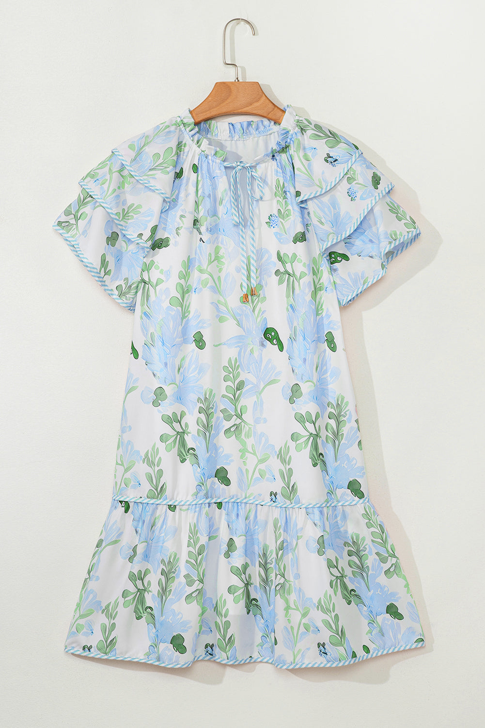 Sky Blue Floral Contrast Edge Layered Short Sleeve Mini Dress Floral Dresses JT's Designer Fashion