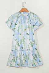 Sky Blue Floral Contrast Edge Layered Short Sleeve Mini Dress Floral Dresses JT's Designer Fashion