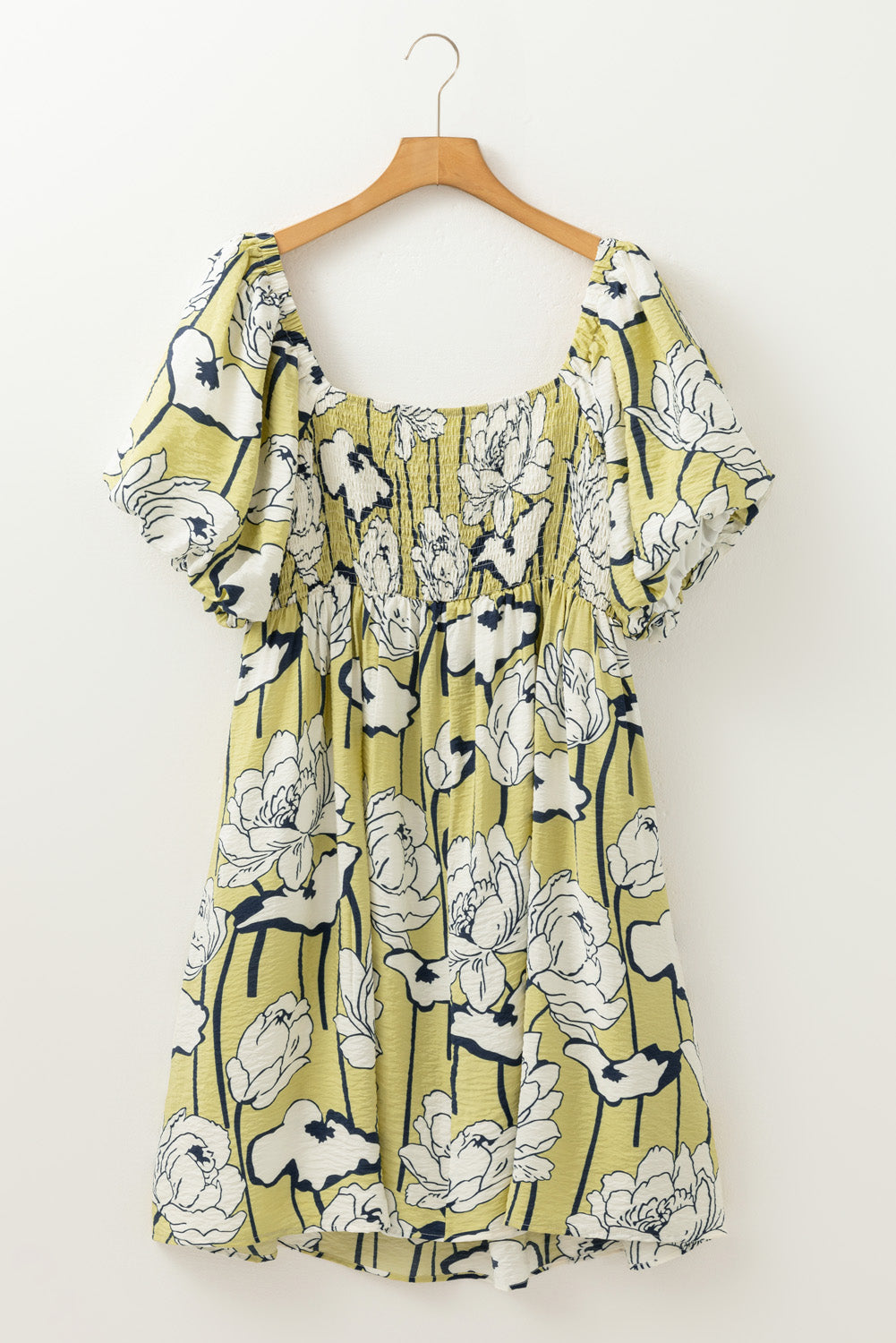 Green Plus Size Floral Print Shirred Square Neck Puff Sleeve Dress Plus Size Mini Dresses JT's Designer Fashion