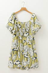 Green Plus Size Floral Print Shirred Square Neck Puff Sleeve Dress Plus Size Mini Dresses JT's Designer Fashion
