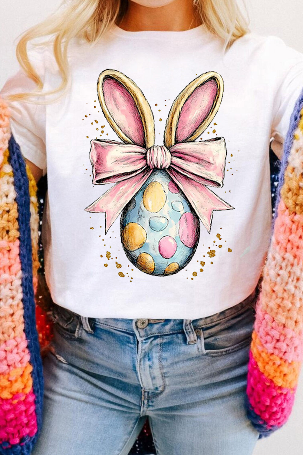 White Easter Egg Bow Bunny Ear Printed T Shirt Graphic Tees JT's Designer Fashion