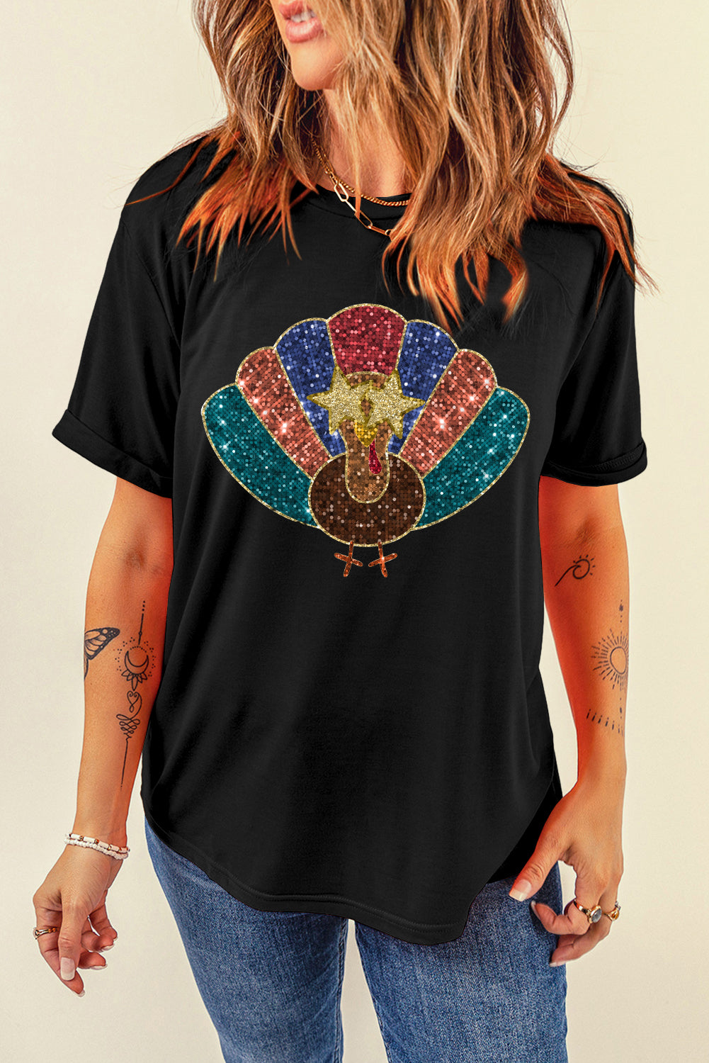 Black Glitter Turkey Graphic Thanksgiving T Shirt Graphic Tees JT's Designer Fashion