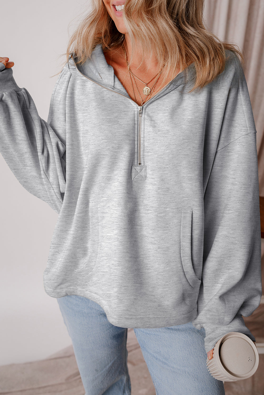 Light Grey Fleece Lined Half Zipper Kangaroo Pockets Loose Hoodie Sweatshirts & Hoodies JT's Designer Fashion