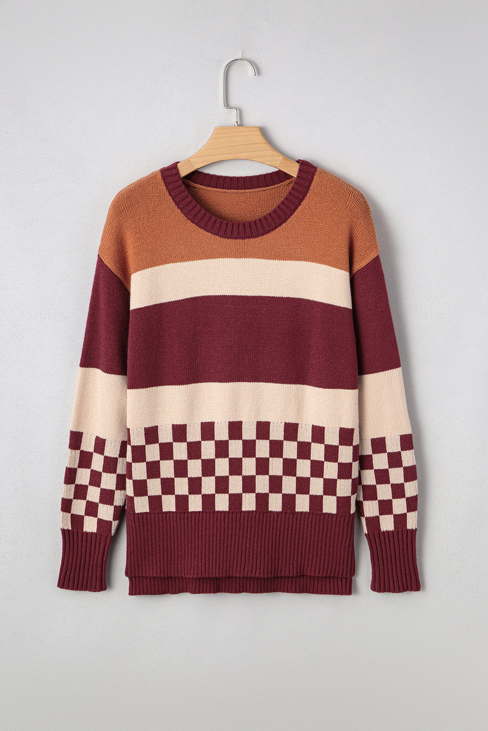Brown Checkered Color Block Knitted Drop Shoulder Sweater Sweaters JT's Designer Fashion
