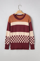 Brown Checkered Color Block Knitted Drop Shoulder Sweater Sweaters JT's Designer Fashion