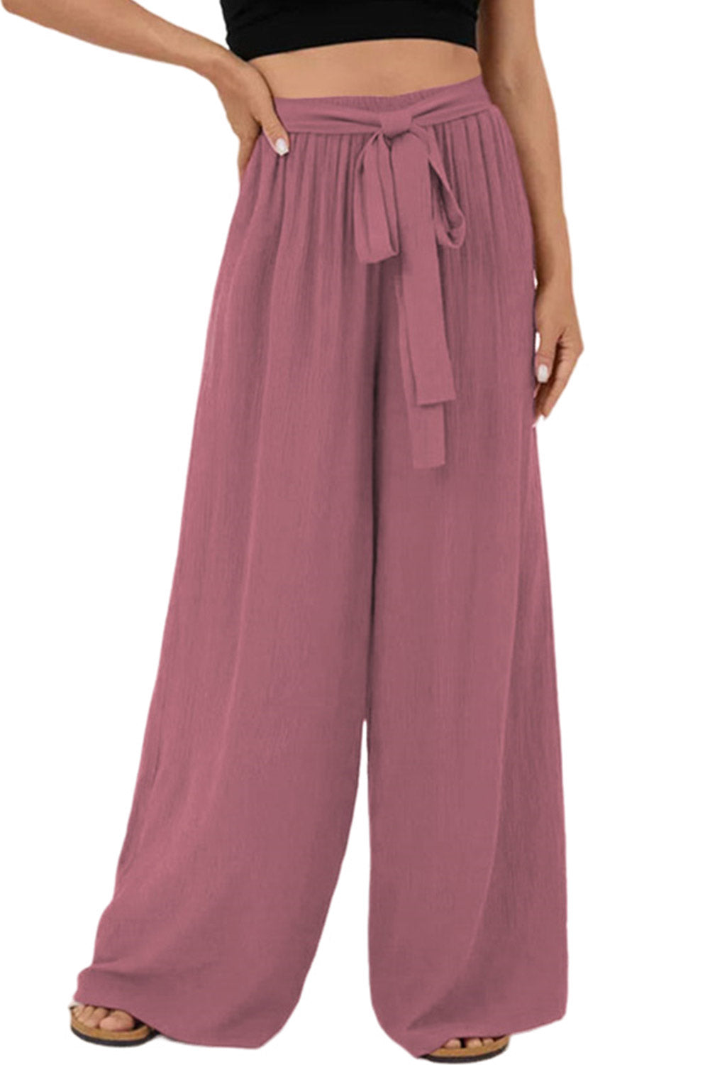 Rose Tan High Waisted Tie Front Side Pocket Wide Leg Flowy Casual Pants Pants & Culotte JT's Designer Fashion