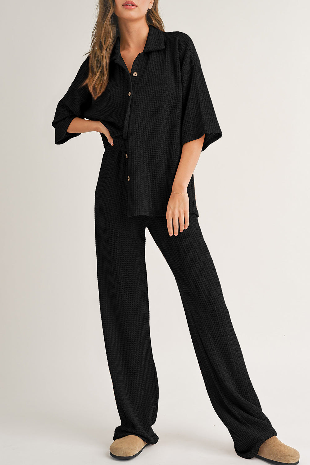 Black Solid Color Textured Buttoned Shirt and Casual Pants Set Pant Sets JT's Designer Fashion