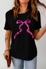 Black Sequin Bow Ribbon Graphic T Shirt Graphic Tees JT's Designer Fashion