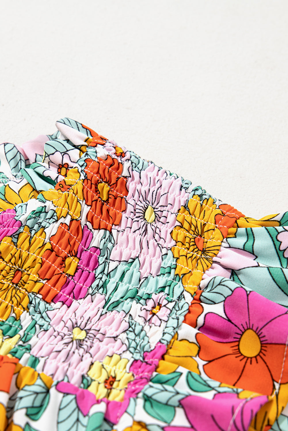 Sky Blue Floral Print Smocked Notch V Neck Flutter Sleeve Mini Dress Floral Dresses JT's Designer Fashion