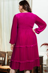 Rose Red Shirred V Neck Tiered Ruffled Velvet Plus Size Maxi Dress Plus Size Dresses JT's Designer Fashion