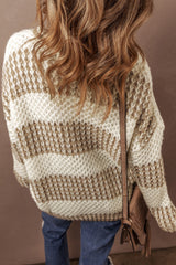 Brown Stripe Drop Shoulder Round Neck Loose Sweater Sweaters JT's Designer Fashion