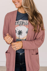 Mineral Red Solid Color Waffle Knit Cardigan with Pocket Cardigans JT's Designer Fashion