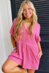 Bright Pink Spiral Ribbed Short Sleeve V Neck Buttoned Romper with Pocket Jumpsuits & Rompers JT's Designer Fashion