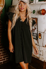 Black Frilled V Neck Pleated Ruffle Detail Short Shift Dress Mini Dresses JT's Designer Fashion