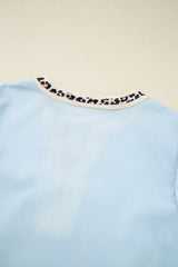 Beau Blue Contrast Leopard Trim Split Neck Puff Sleeve Blouse Blouses & Shirts JT's Designer Fashion