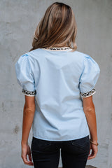 Beau Blue Contrast Leopard Trim Split Neck Puff Sleeve Blouse Blouses & Shirts JT's Designer Fashion