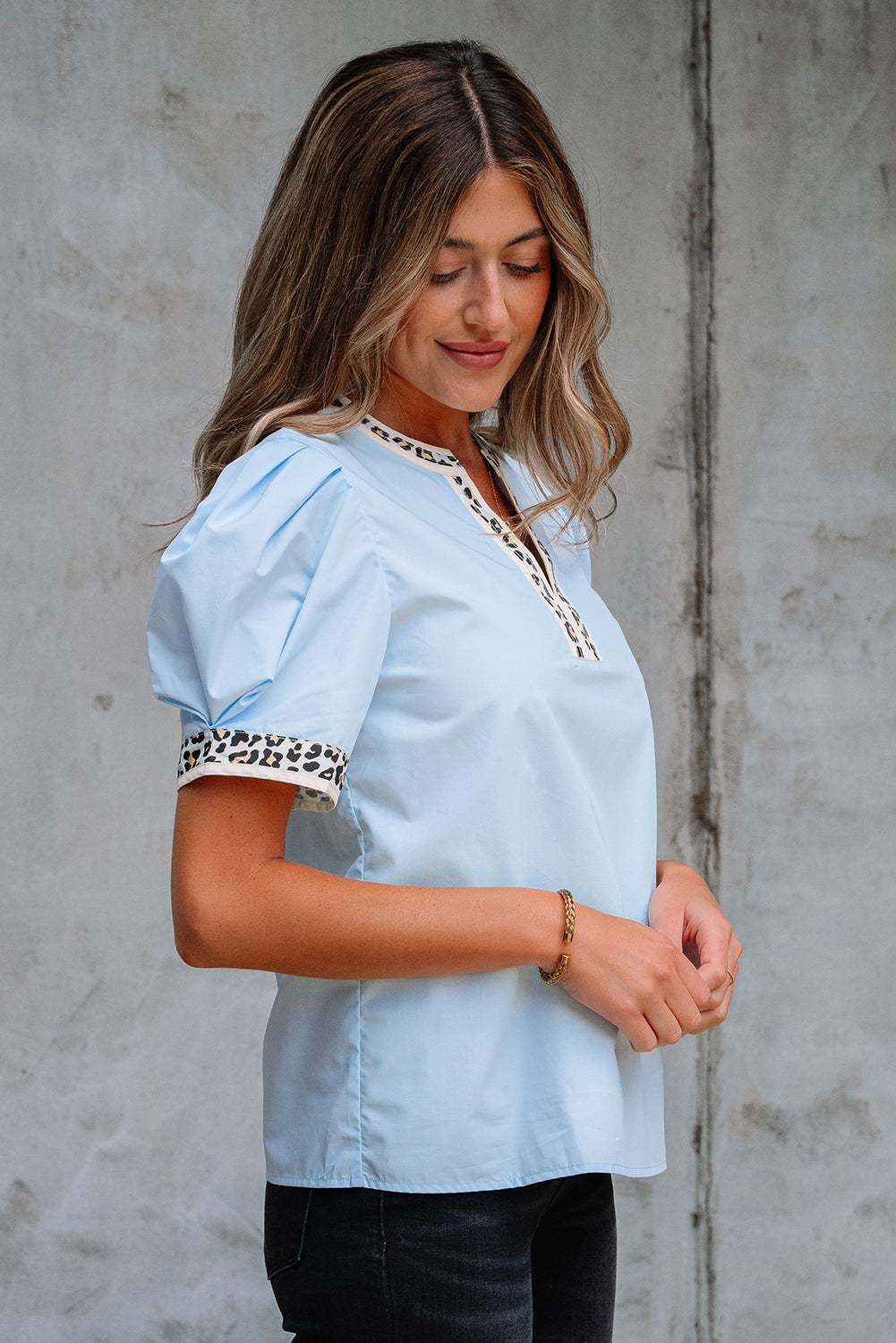 Beau Blue Contrast Leopard Trim Split Neck Puff Sleeve Blouse Blouses & Shirts JT's Designer Fashion