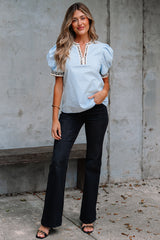 Beau Blue Contrast Leopard Trim Split Neck Puff Sleeve Blouse Blouses & Shirts JT's Designer Fashion