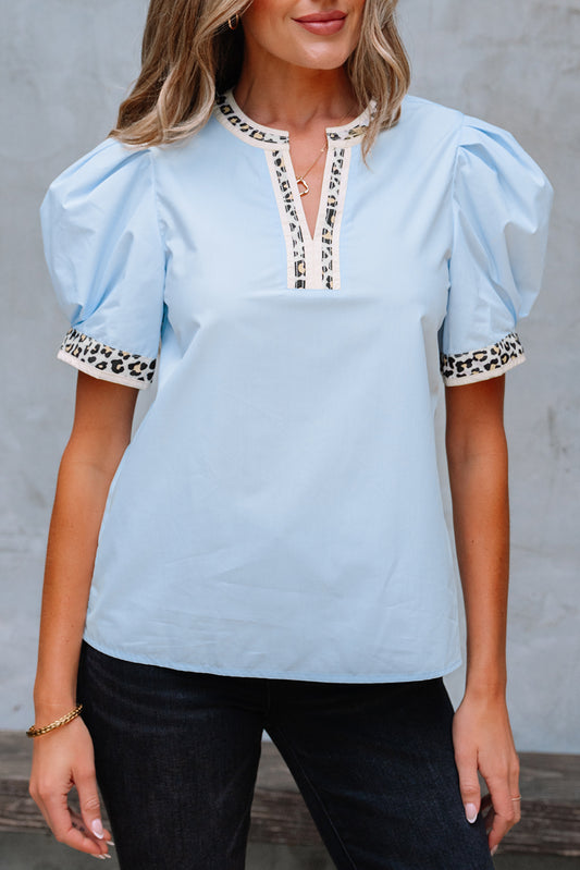 Beau Blue Contrast Leopard Trim Split Neck Puff Sleeve Blouse Blouses & Shirts JT's Designer Fashion
