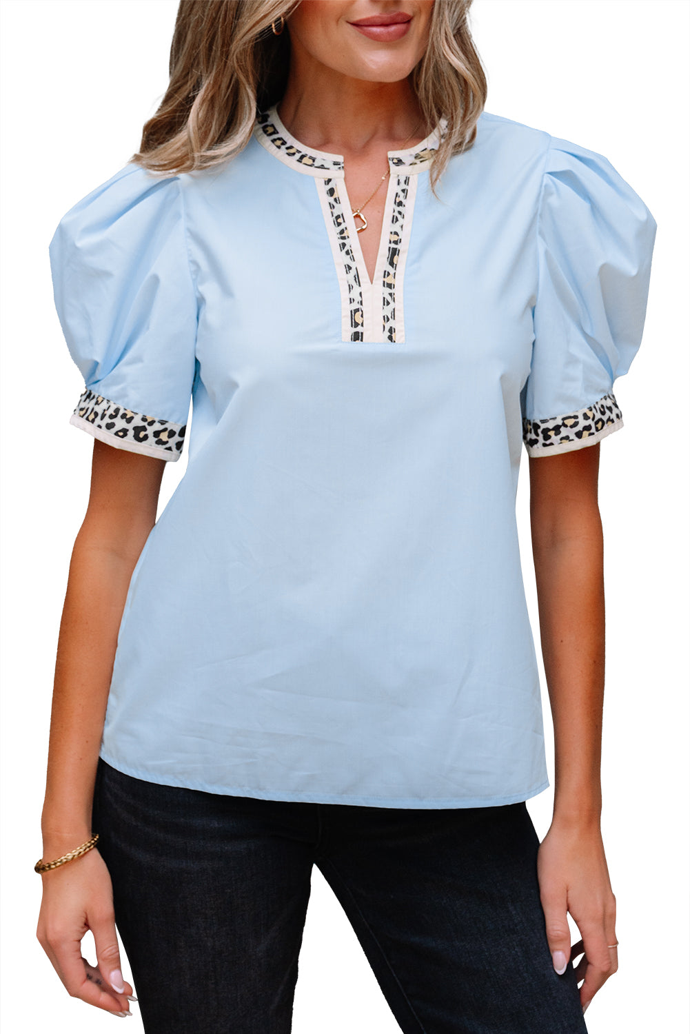 Beau Blue Contrast Leopard Trim Split Neck Puff Sleeve Blouse Blouses & Shirts JT's Designer Fashion