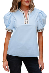 Beau Blue Contrast Leopard Trim Split Neck Puff Sleeve Blouse Blouses & Shirts JT's Designer Fashion