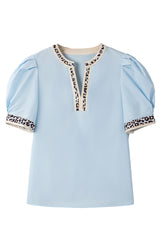 Beau Blue Contrast Leopard Trim Split Neck Puff Sleeve Blouse Blouses & Shirts JT's Designer Fashion