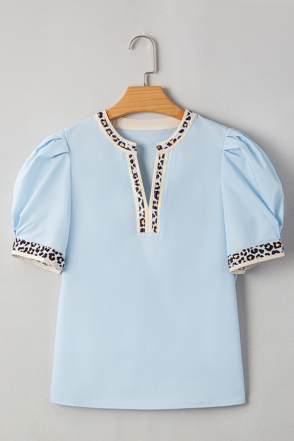 Beau Blue Contrast Leopard Trim Split Neck Puff Sleeve Blouse Blouses & Shirts JT's Designer Fashion