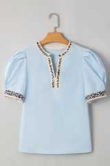 Beau Blue Contrast Leopard Trim Split Neck Puff Sleeve Blouse Blouses & Shirts JT's Designer Fashion