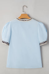Beau Blue Contrast Leopard Trim Split Neck Puff Sleeve Blouse Blouses & Shirts JT's Designer Fashion