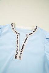 Beau Blue Contrast Leopard Trim Split Neck Puff Sleeve Blouse Blouses & Shirts JT's Designer Fashion