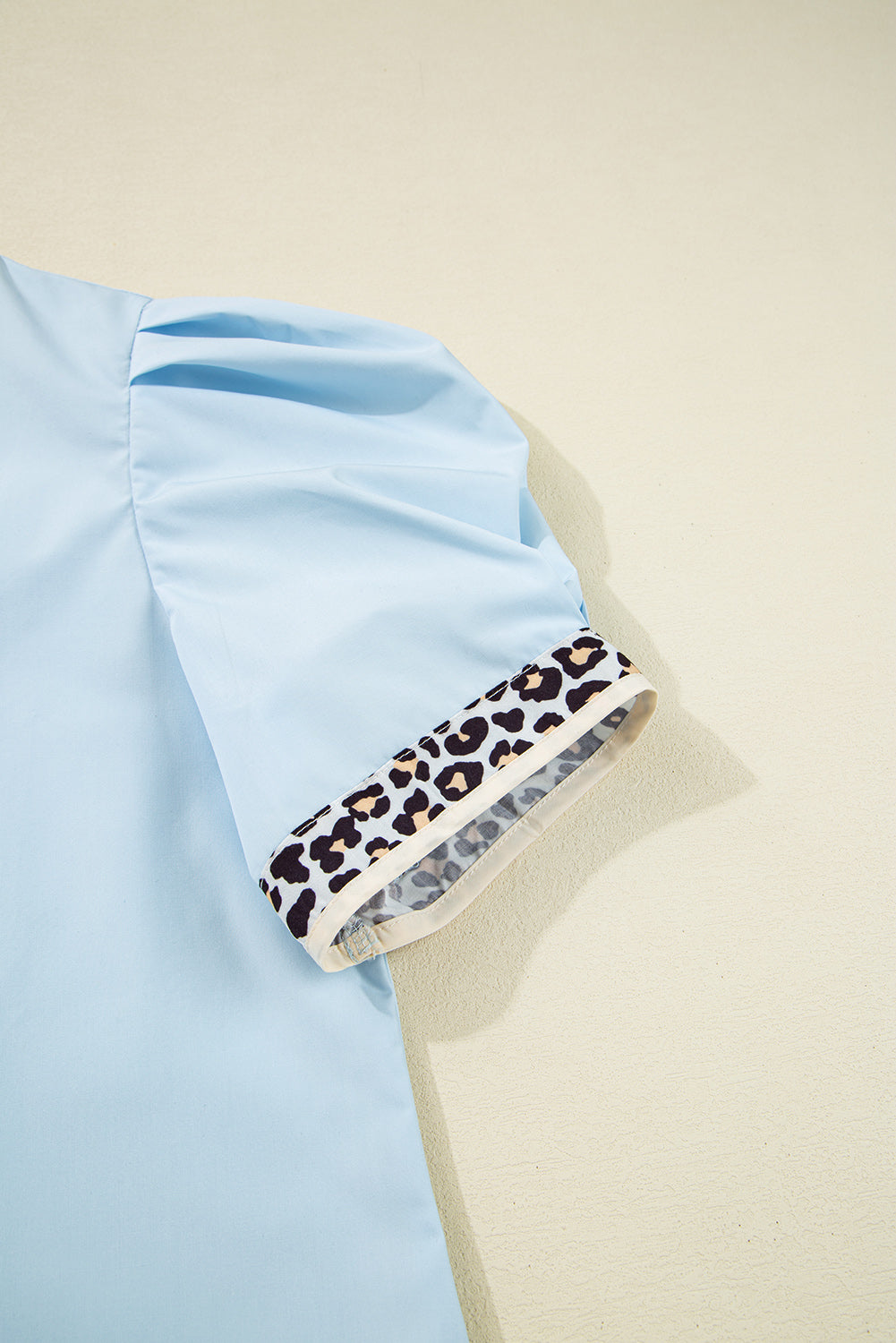 Beau Blue Contrast Leopard Trim Split Neck Puff Sleeve Blouse Blouses & Shirts JT's Designer Fashion
