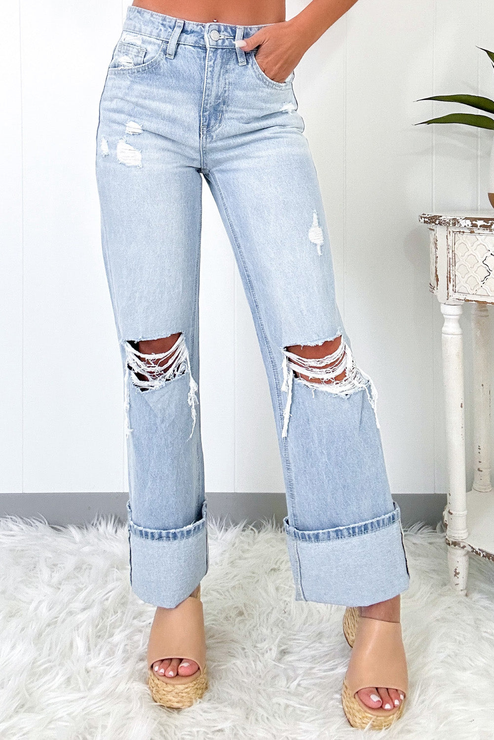 Beau Blue Light Wash Distressed Flare Jeans Beau Blue 93%Cotton+5%polyester+2%Elastane Jeans JT's Designer Fashion