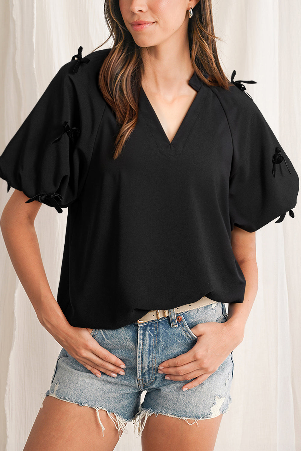 Black Bow Decor Puff Sleeve Split Neck Blouse Blouses & Shirts JT's Designer Fashion