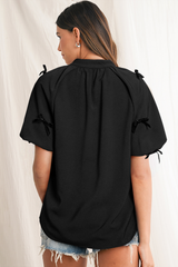 Black Bow Decor Puff Sleeve Split Neck Blouse Blouses & Shirts JT's Designer Fashion