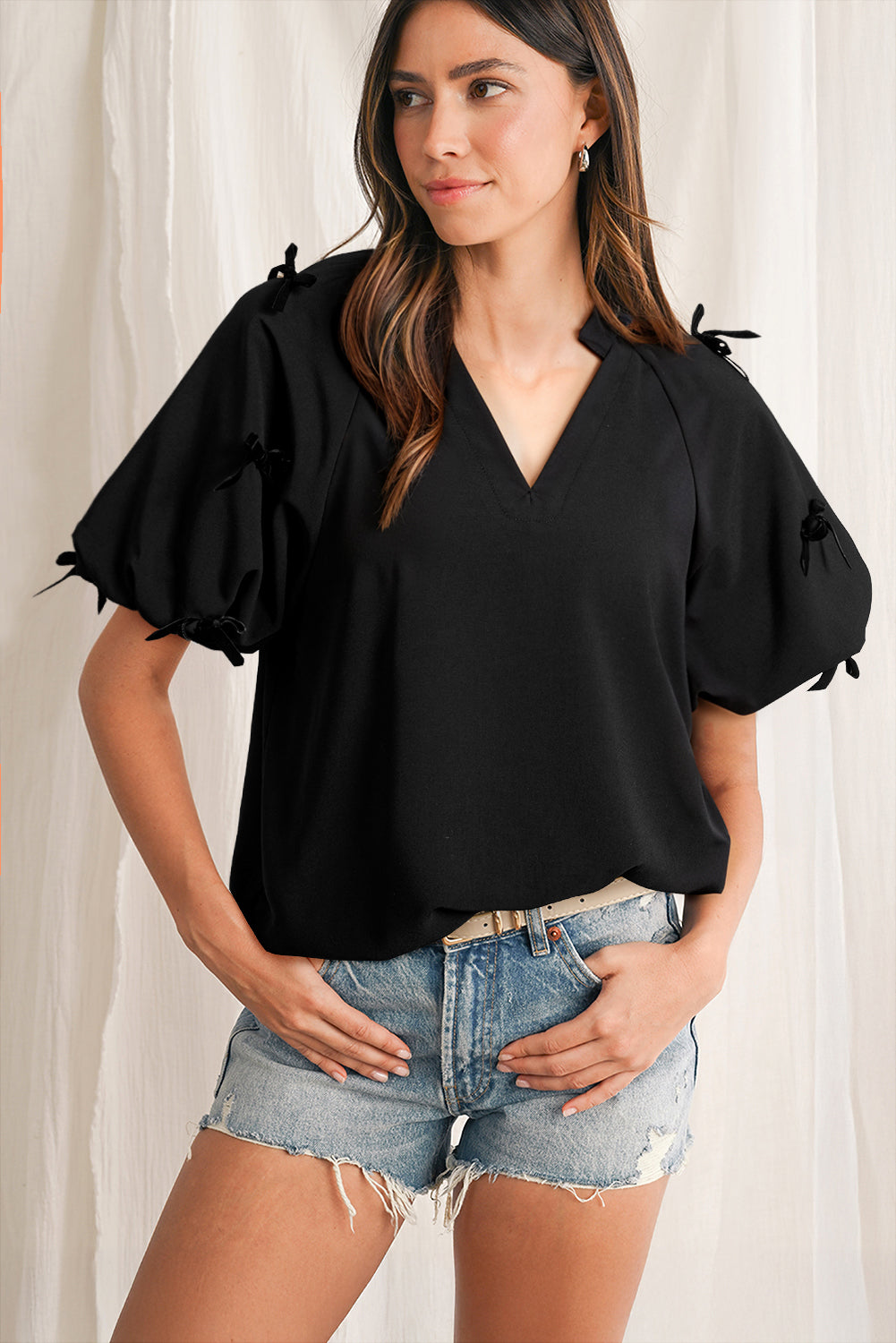 Black Bow Decor Puff Sleeve Split Neck Blouse Blouses & Shirts JT's Designer Fashion