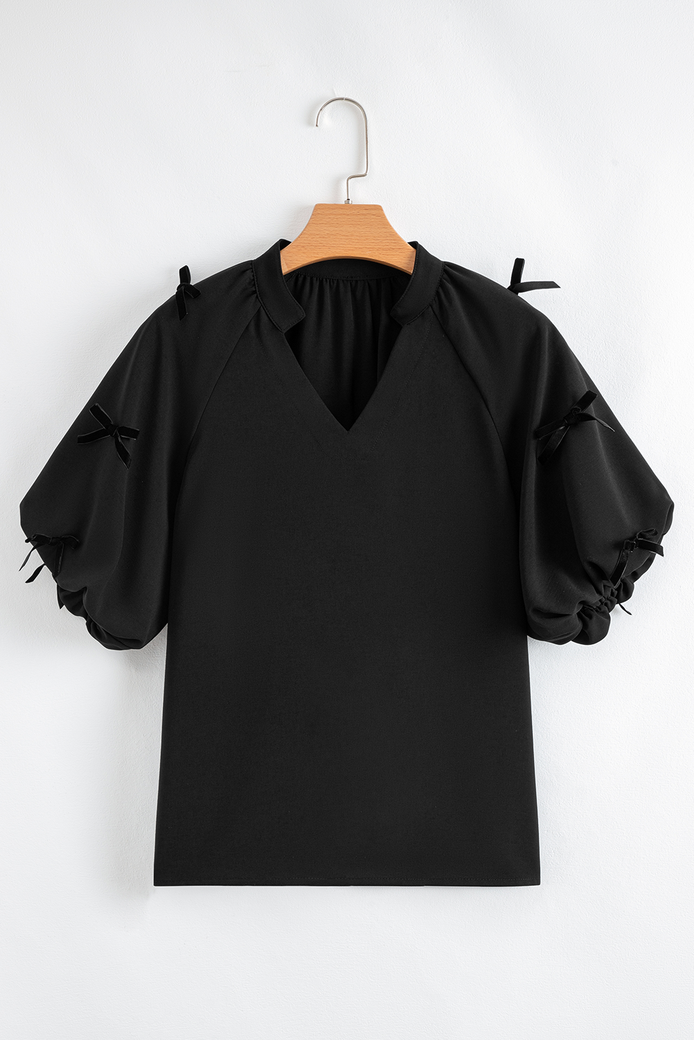 Black Bow Decor Puff Sleeve Split Neck Blouse Blouses & Shirts JT's Designer Fashion