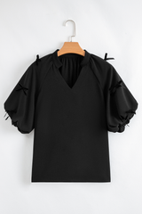Black Bow Decor Puff Sleeve Split Neck Blouse Blouses & Shirts JT's Designer Fashion