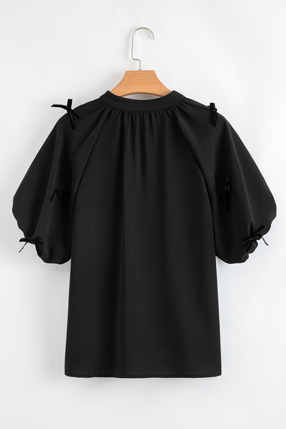 Black Bow Decor Puff Sleeve Split Neck Blouse Blouses & Shirts JT's Designer Fashion