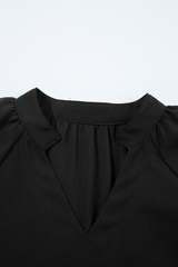 Black Bow Decor Puff Sleeve Split Neck Blouse Blouses & Shirts JT's Designer Fashion