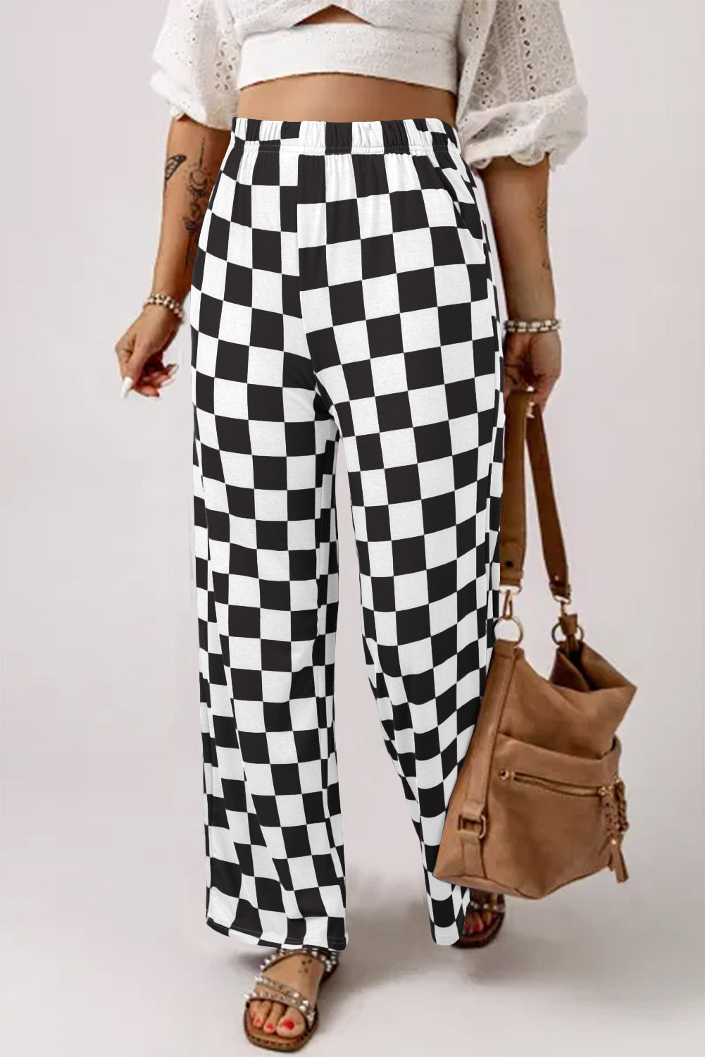 Black 2-Tone Checked Print High Waist Wide Leg Pants Pants & Culotte JT's Designer Fashion