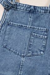 Stone Blue Distressed Bib Pocket Wide Leg Denim Overall Jumpsuits & Rompers JT's Designer Fashion