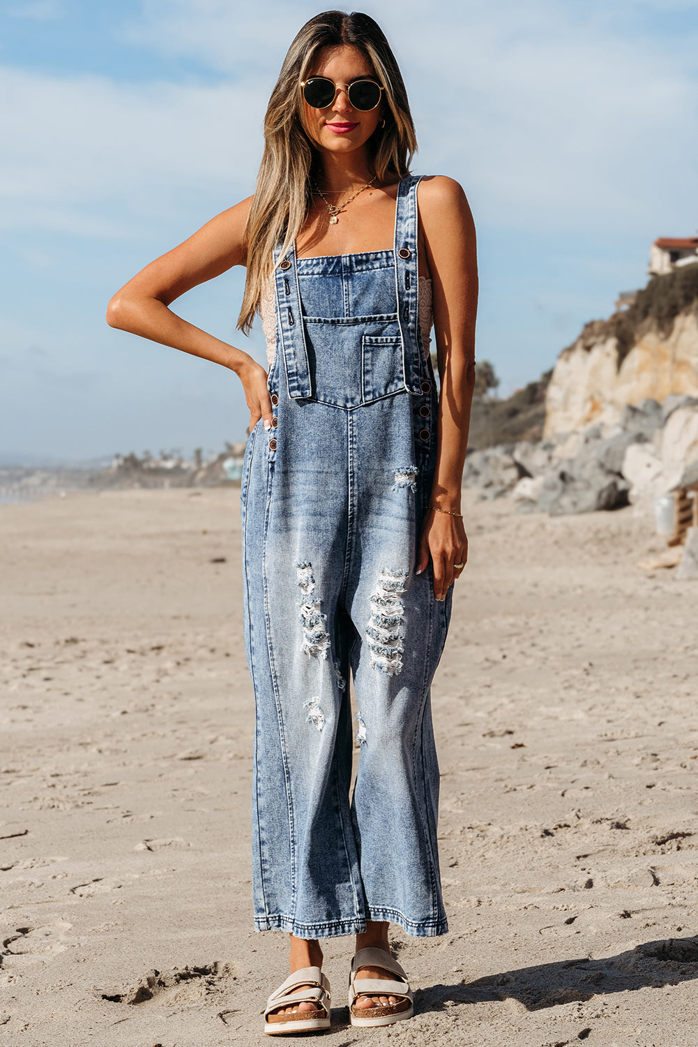 Stone Blue Distressed Bib Pocket Wide Leg Denim Overall Jumpsuits & Rompers JT's Designer Fashion