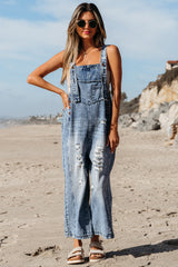 Stone Blue Distressed Bib Pocket Wide Leg Denim Overall Jumpsuits & Rompers JT's Designer Fashion