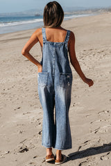 Stone Blue Distressed Bib Pocket Wide Leg Denim Overall Jumpsuits & Rompers JT's Designer Fashion