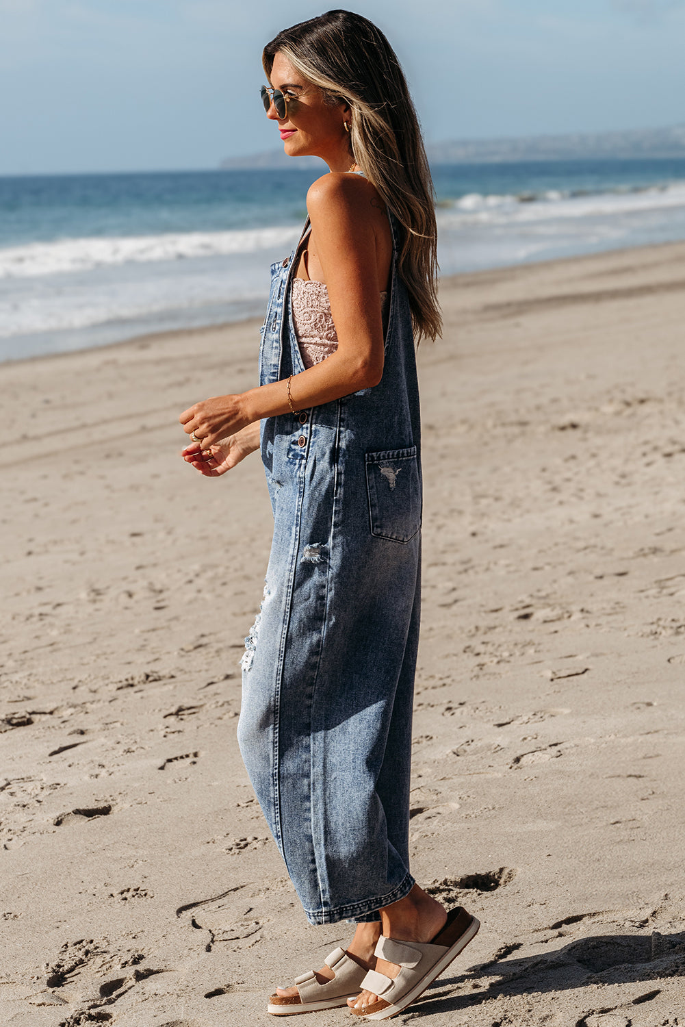 Stone Blue Distressed Bib Pocket Wide Leg Denim Overall Jumpsuits & Rompers JT's Designer Fashion
