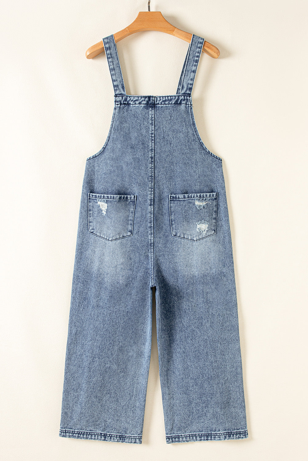 Stone Blue Distressed Bib Pocket Wide Leg Denim Overall Jumpsuits & Rompers JT's Designer Fashion